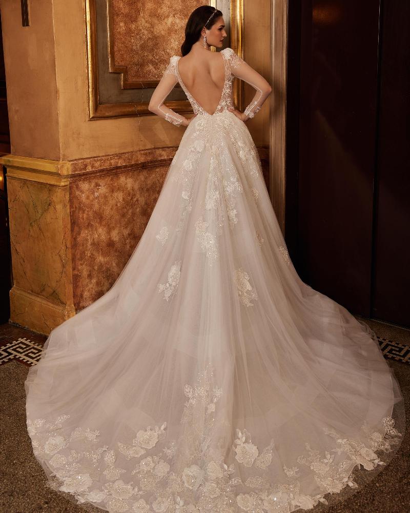 122120 backless sparkly wedding dress with sleeves and ball gown silhouette4